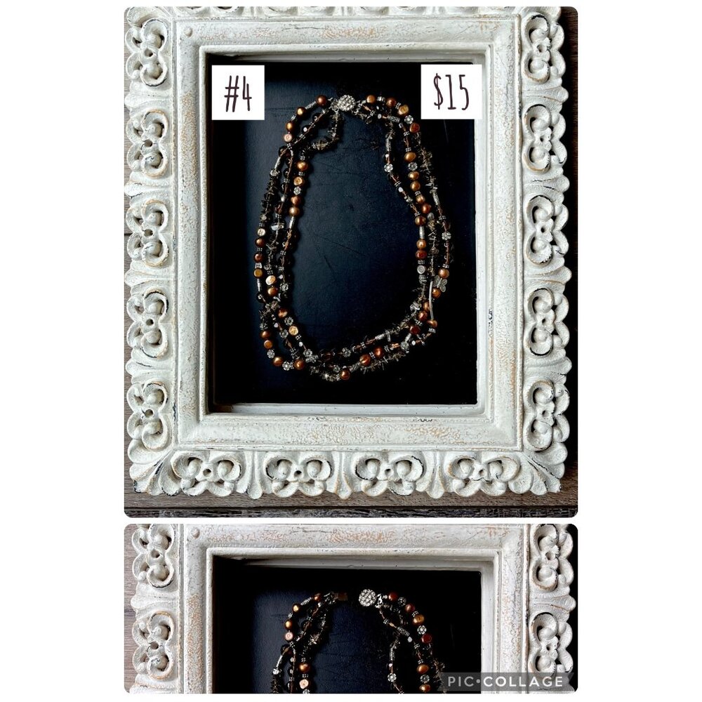 Vintage Multi-Strand Beaded Necklace With Mixed Brown & Silver Tones